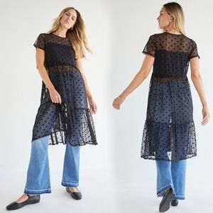 Black Sheer See Thru Mesh Tiered Short Sleeve Polka Dot Midi Dress size S/M